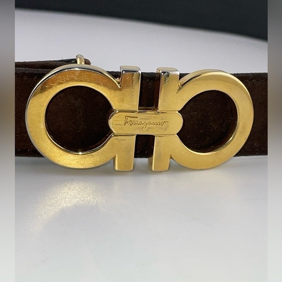 VTG SALVATORE FERRAGAMO GOLD TONE GANCINI BUCKLE BROWN SUEDE LEATHER BELT 26-30  - Picture 4 of 7